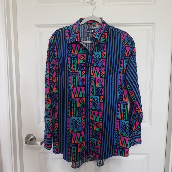 Vintage Wrangler Shirt 17.5-35 X-Long Tails Aztec Geometric Western Cowboy Cut